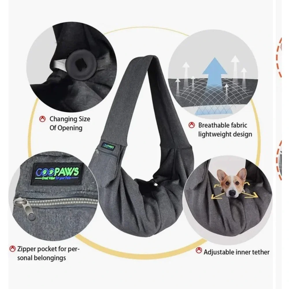 GOOPAWS Hand-free Comfy Pet Sling Bag Gray Dog Cat Carrier Breathable Soft